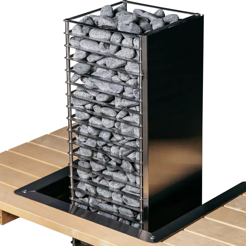 Huum Cliff heater embedded in light wooden bench with stainless steel flange border