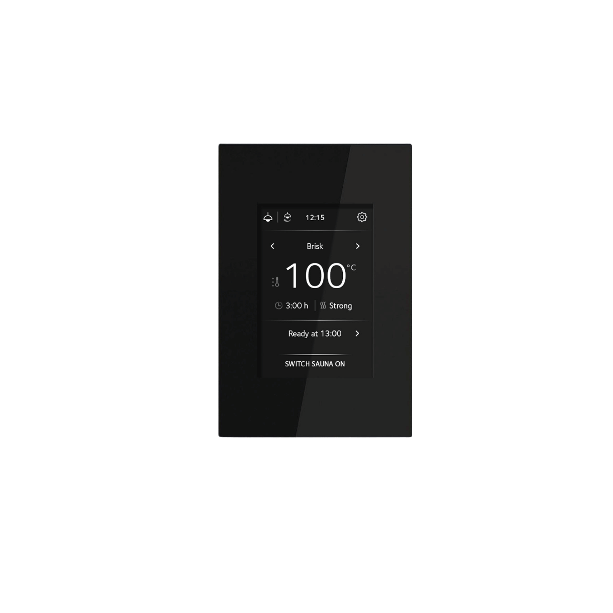 A modern black digital Tulikivi touchscreen control panel with a glossy screen displaying temperature settings, centered on a solid dark green background.