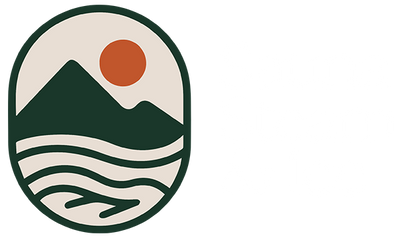 Logo with mountains, sun, and waves on a white background for Sauna Steam & Ice