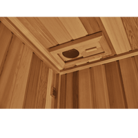 Western red cedar ceiling panelling inside a sauna