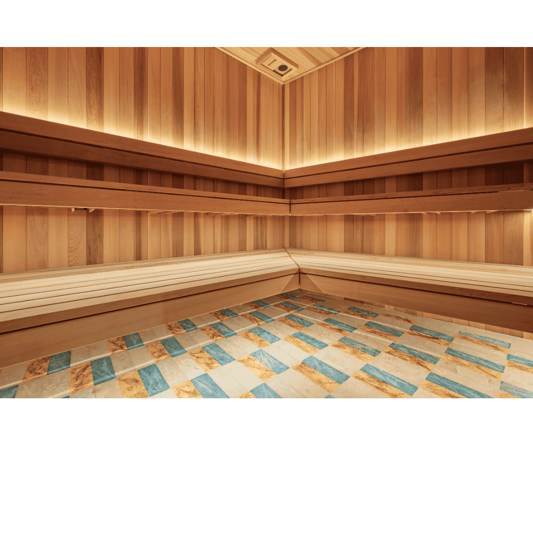 Bright Wooden sauna interior with checkered floor