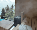 Helo Laava 9011 sauna heater in light wooden sauna with adjacent large window with a view of pine trees