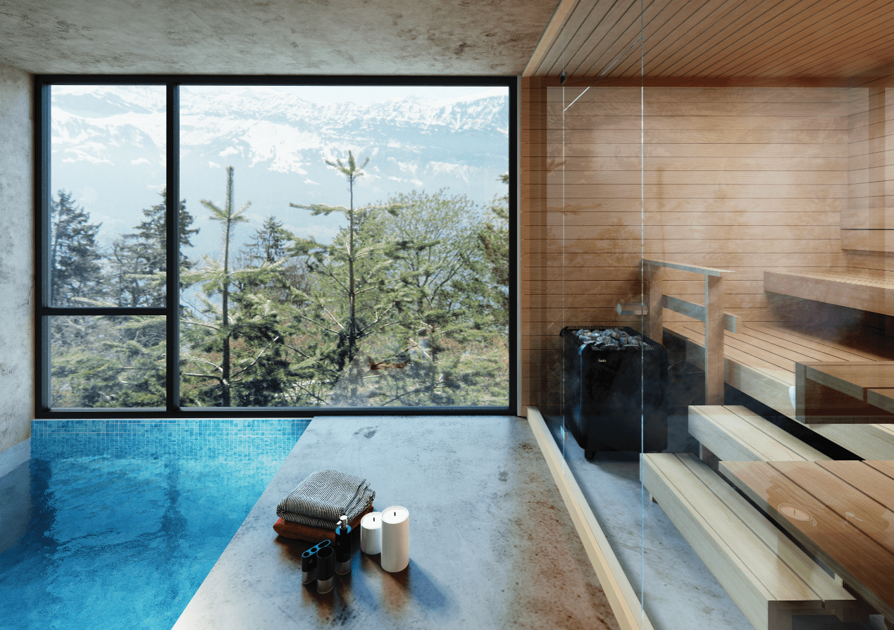 Helo Laava 9011 sauna heater positioned in a light wood sauna behind a large glass wall and adjacent to an inviting blue pool with mountain vistas through the window