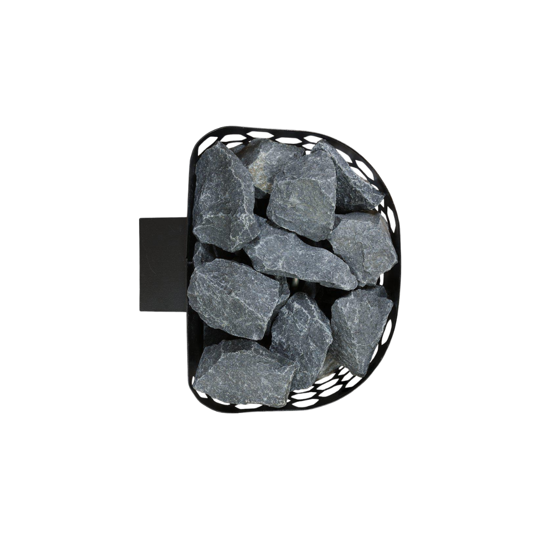 View from above of Helo Laine STJ black sauna heater showing sauna rocks