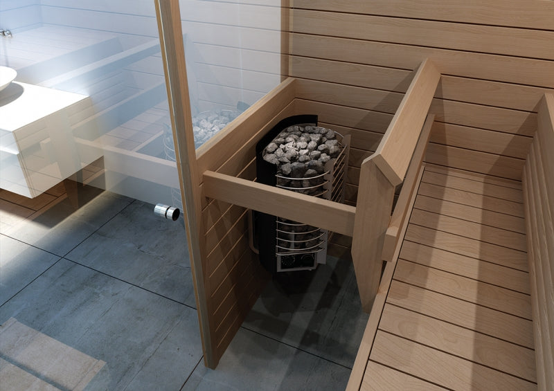 Helo Ring Wall II STJ Sauna heater mounted on wall of a small sauna adjacent to a bathroom