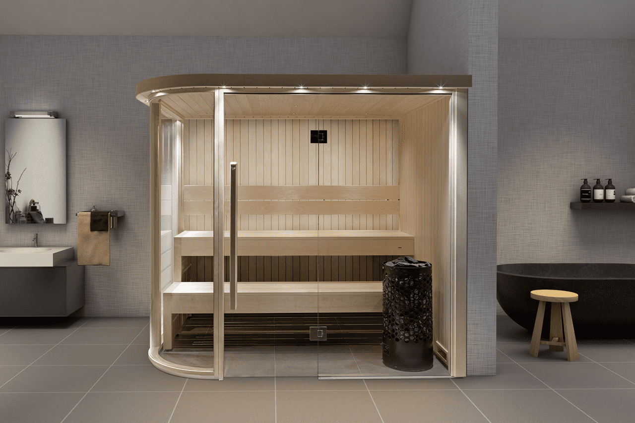 Helo Ringo black sauna heater visible  on floor of small sauna with glass front