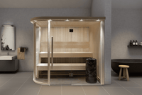 Helo Ringo black sauna heater visible  on floor of small sauna with glass front