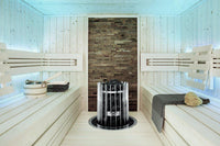 Helo Rocher Elite sauna heater with control panel embedded in light coloured sauna with stainless collar
