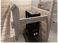 Helo Vienna sauna heater mounted on the wall of a light wooden sauna