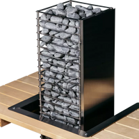 Huum Cliff heater embedded in light wooden bench with stainless steel flange border