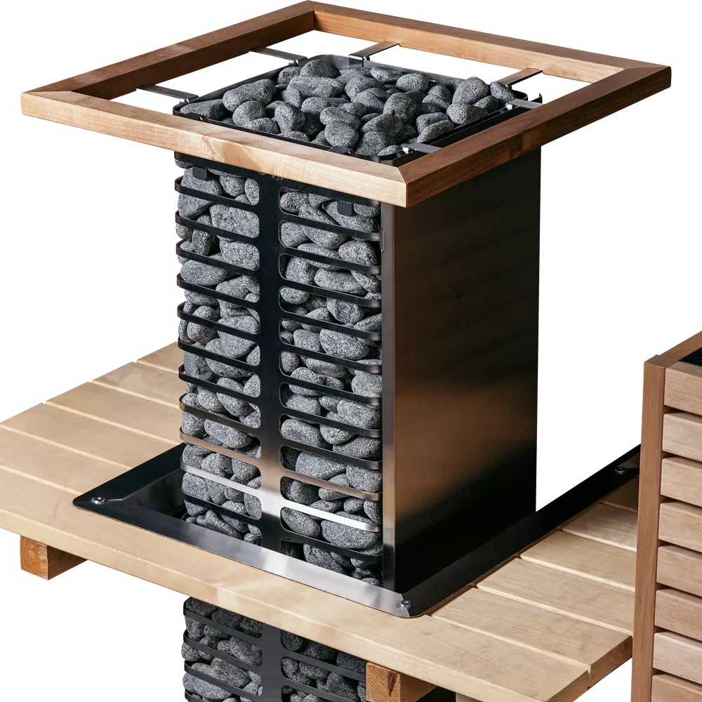 Huum cliff sauna heater embedded in light wooden bench with bordering flange and safety rail