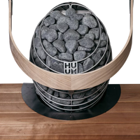 Huum drop sauna heater embedded in sauna bench showing safety rail and flange in situ