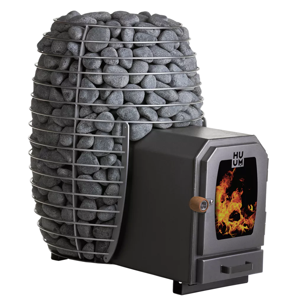 Huum Hive Wood sauna heater side angle showing wood chamber