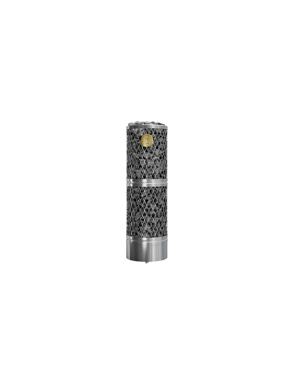 Iki Pillar sauna heater made of stainless steel filled with visible olivine diabase sauna rocks