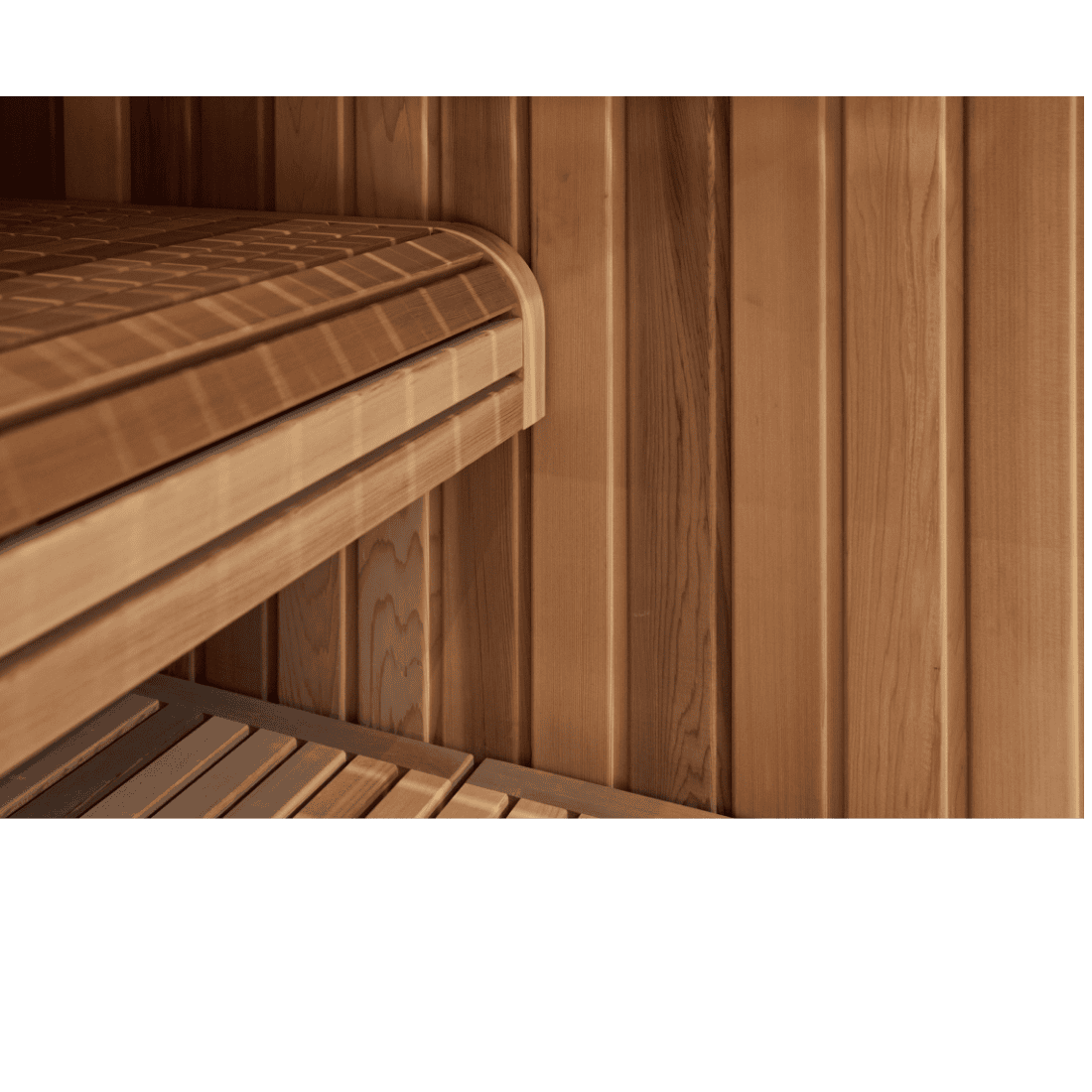 Wooden sauna interior with benches and paneling using Western Red Cedar Square Dressed Pencil Round 30mm thick timber profile