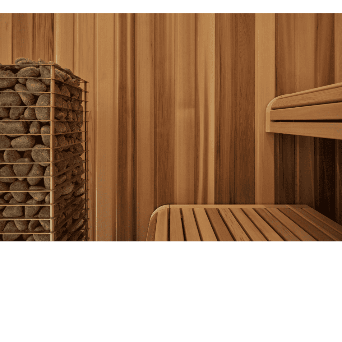 Western red cedar wall and benches in a sauna with a huum cliff heater on the side