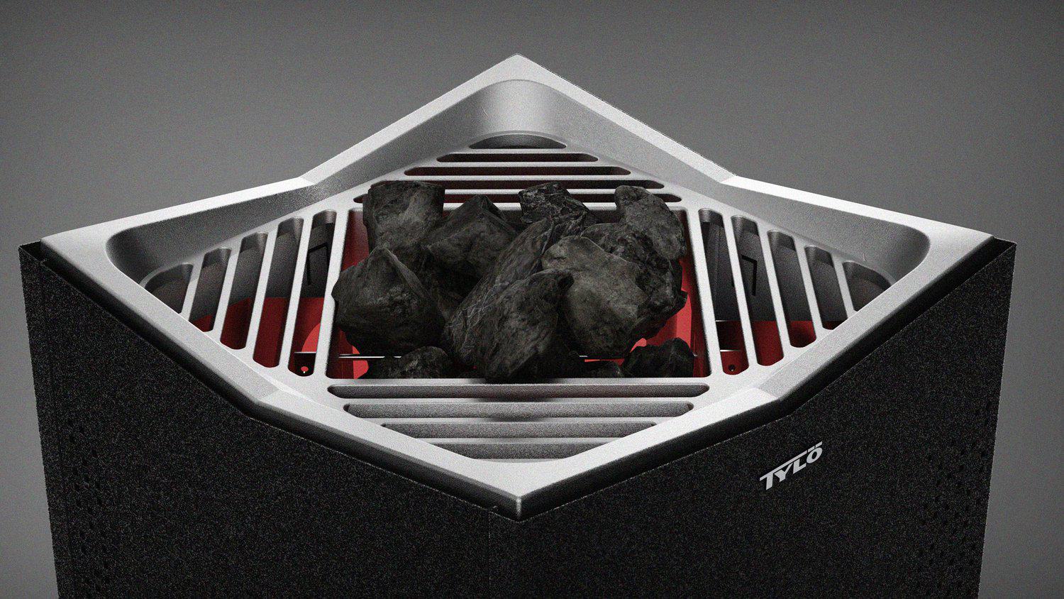 Top view of Tylo Crown sauna heater showing close-up of sauna rocks and grill
