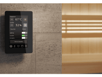 Tylo Elite control panel fixed to grey tiled wall outside of a sauna