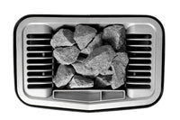 Top view of black tylo sense elite sauna heater  showing irregular shaped sauna stones