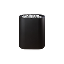 A matte black sauna heater filled with gray ireegular shaped stones, shown against a plain white background.