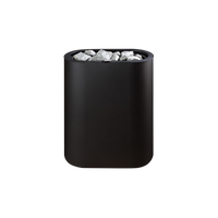A matte black sauna heater filled with gray ireegular shaped stones, shown against a plain white background.