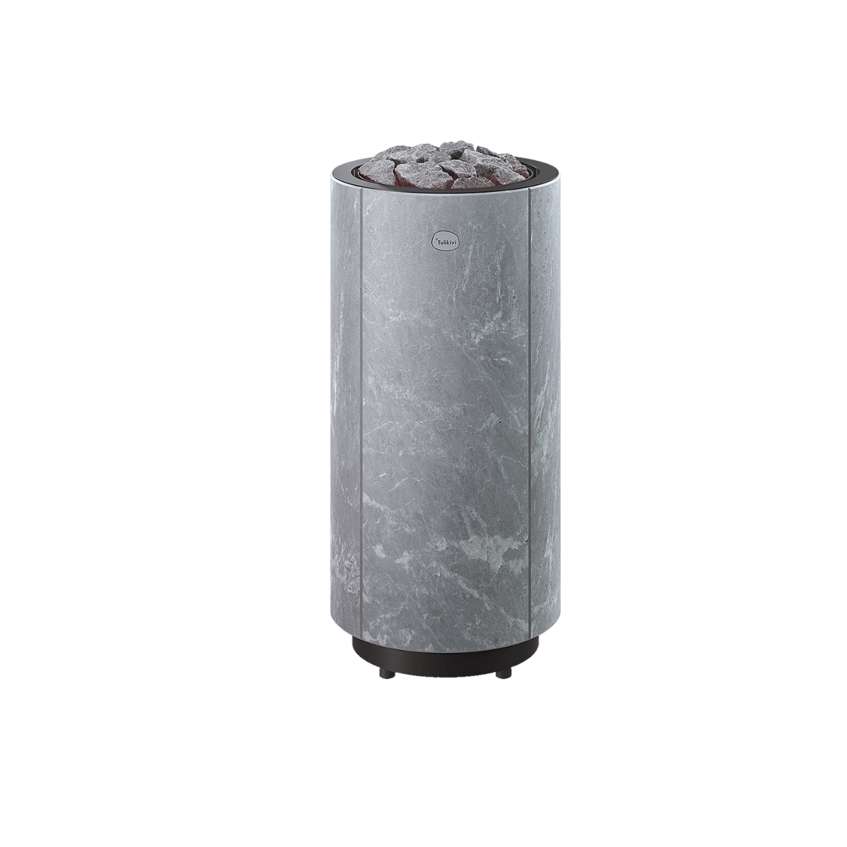 A modern cylindrical electric sauna heater with a gray marble-patterned outer shell, dark base, and olivine diabase rocks on top, shown against a plain white background.