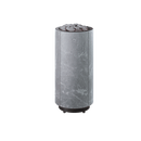 A modern cylindrical electric sauna heater with a gray marble-patterned outer shell, dark base, and olivine diabase rocks on top, shown against a plain white background.