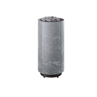 A modern cylindrical electric sauna heater with a gray marble-patterned outer shell, dark base, and olivine diabase rocks on top, shown against a plain white background.
