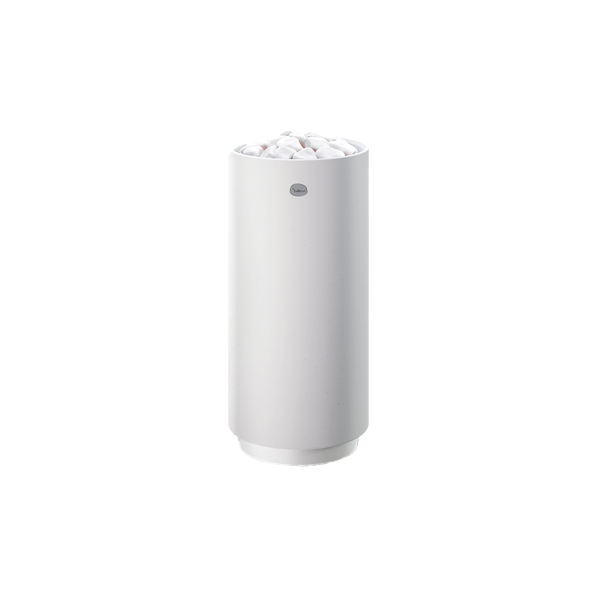 A tall, cylindrical white sauna heater with a textured top surface and a small circular logo near the upper center, shown on a plain white background.
