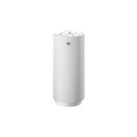 A tall, cylindrical white sauna heater with a textured top surface and a small circular logo near the upper center, shown on a plain white background.