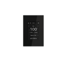 A modern black digital Tulikivi touchscreen control panel with a glossy screen displaying temperature settings, centered on a solid dark green background.
