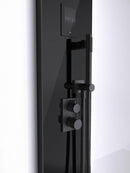Black Tylo Steam shower panel with digital display and handheld shower on a white background