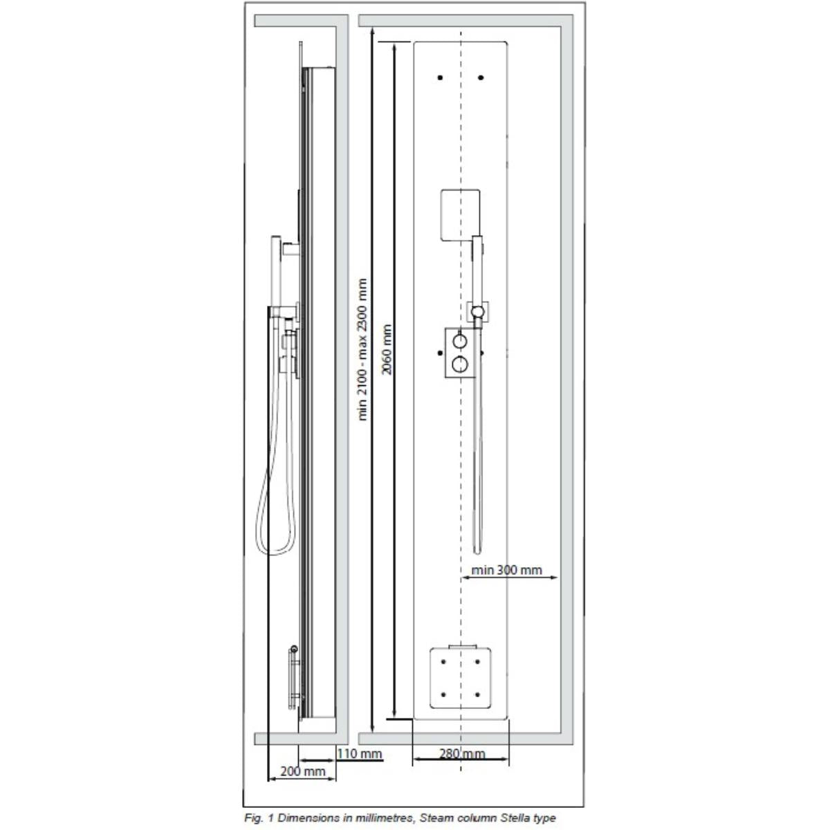 Technical drawing of Tylo Steam Stella steam column with dimensions labeled
